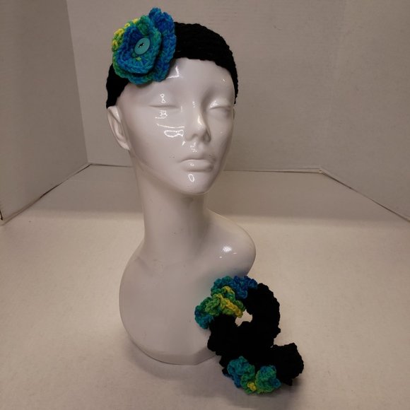 Woman's Handmade Crochet 2 Scrunchies and Headband |Multicolor & Black - Picture 7 of 10
